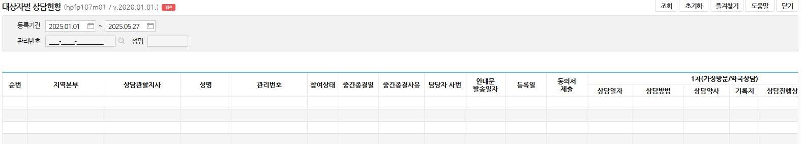 대상자별 상담현황 화면