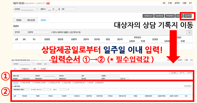 대상자의 상담기록지 입력 화면